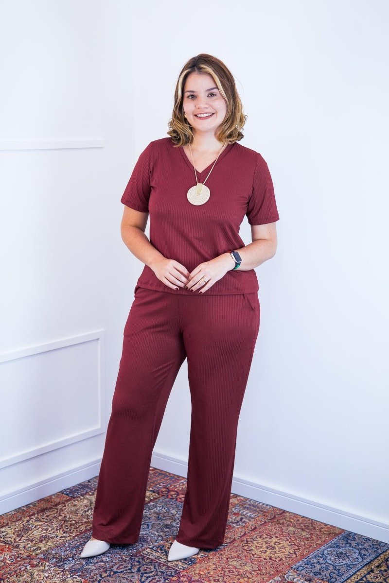 Conjunto Patrícia - Malha Canelada Gola V Pantalona - Naguirre Shop