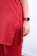 Conjunto Portugal – Túnica Longa com Fenda Lateral e Calça Pantalona em Malha Canelada - Naguirre Shop
