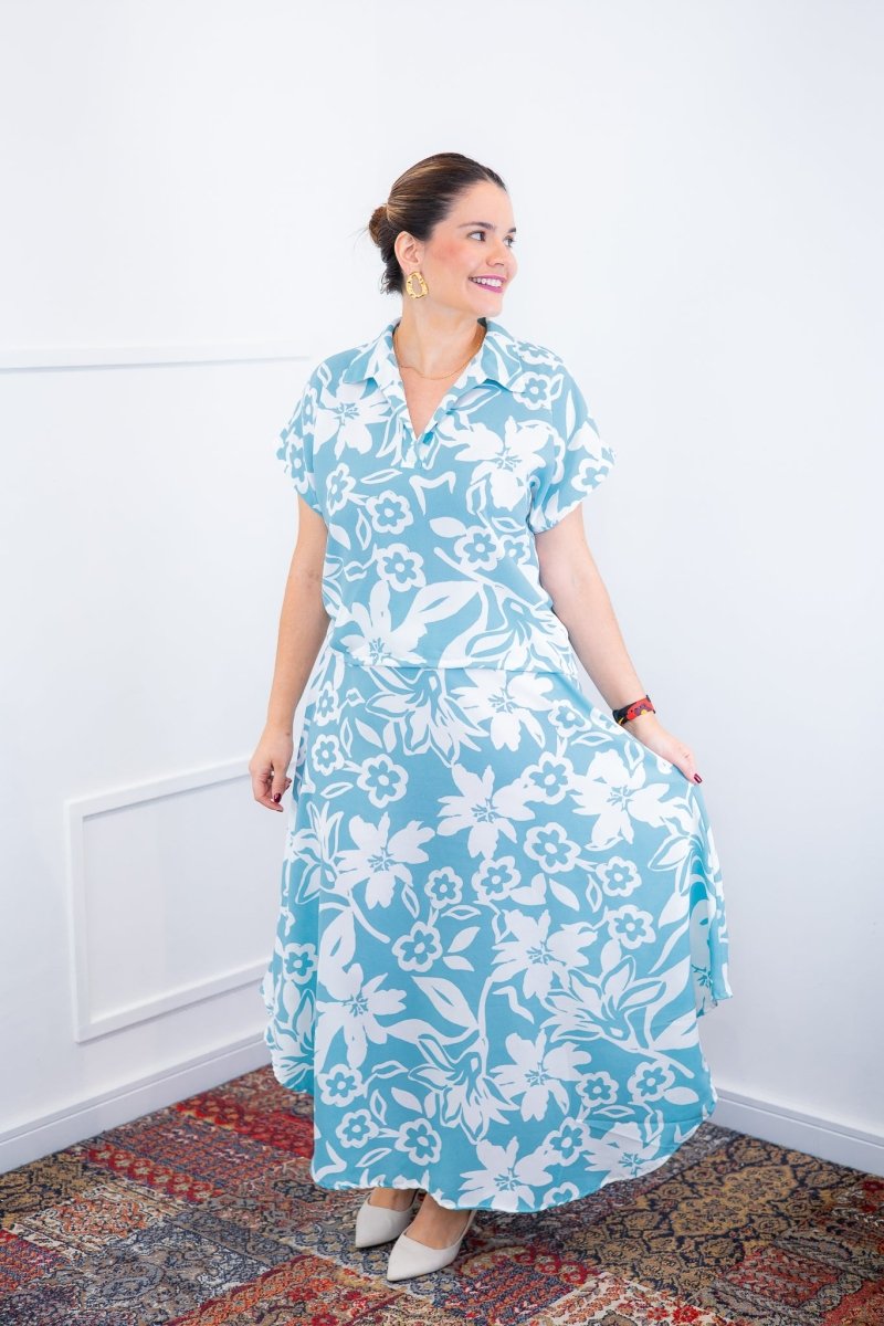 Conjunto Rio – Saia Longa e Blusa com Decote V em Crepe com Caimento Fluido - Naguirre Shop