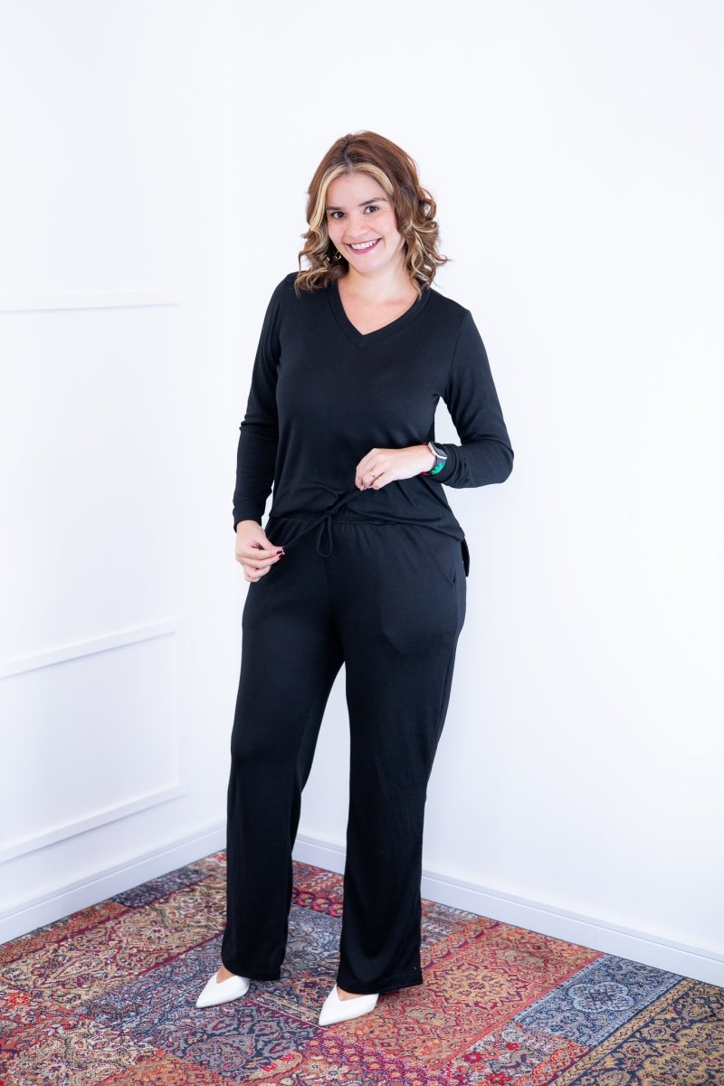 Conjunto Zurique - Lãzinha com Blusa Gola V e Calça Pantalona com Bolsos Faca - Naguirre Shop