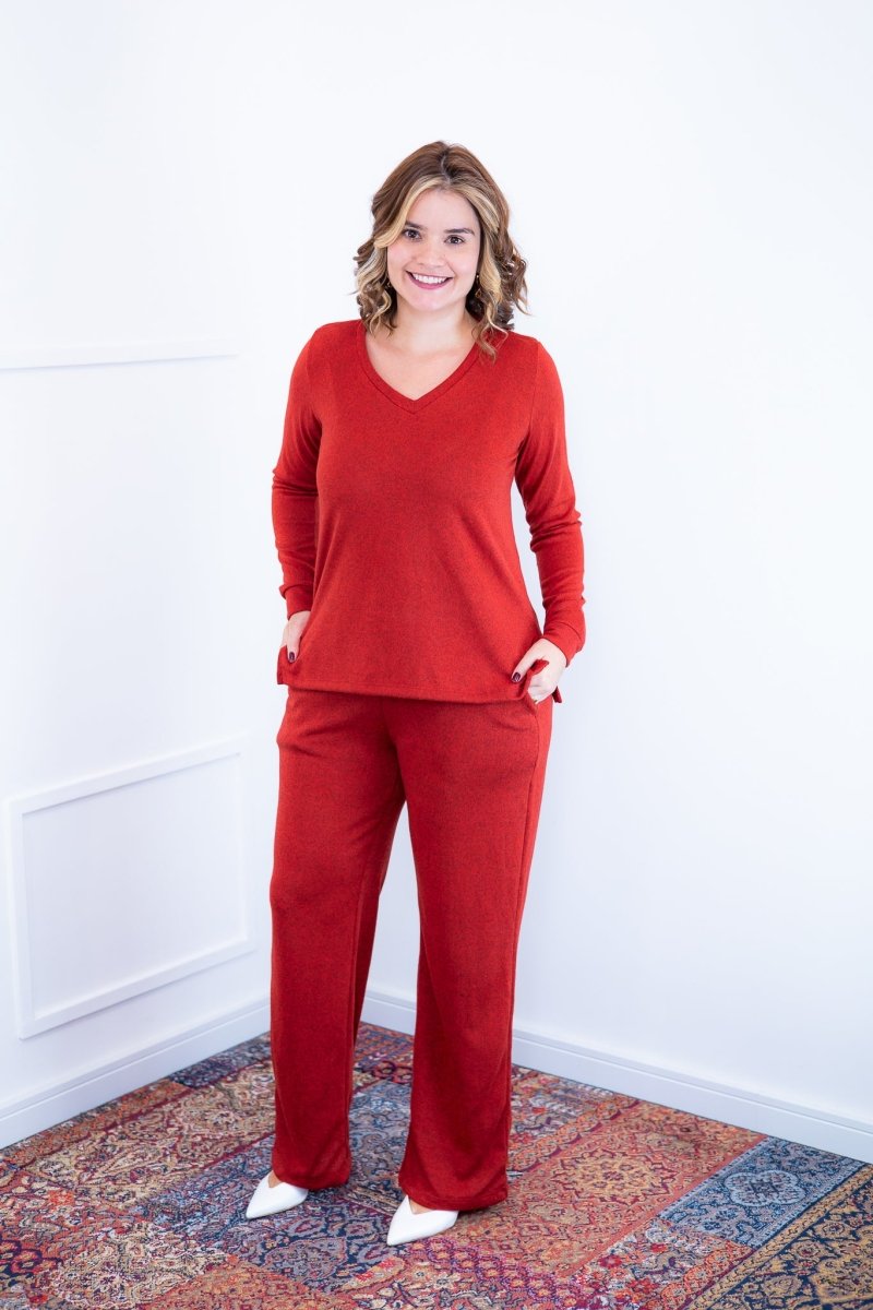 Conjunto Zurique - Lãzinha com Blusa Gola V e Calça Pantalona com Bolsos Faca - Naguirre Shop