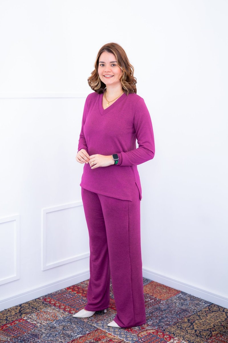 Conjunto Zurique - Lãzinha com Blusa Gola V e Calça Pantalona com Bolsos Faca - Naguirre Shop