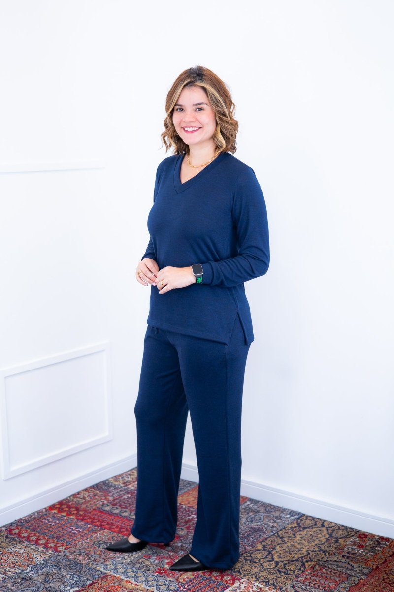 Conjunto Zurique - Lãzinha com Blusa Gola V e Calça Pantalona com Bolsos Faca - Naguirre Shop