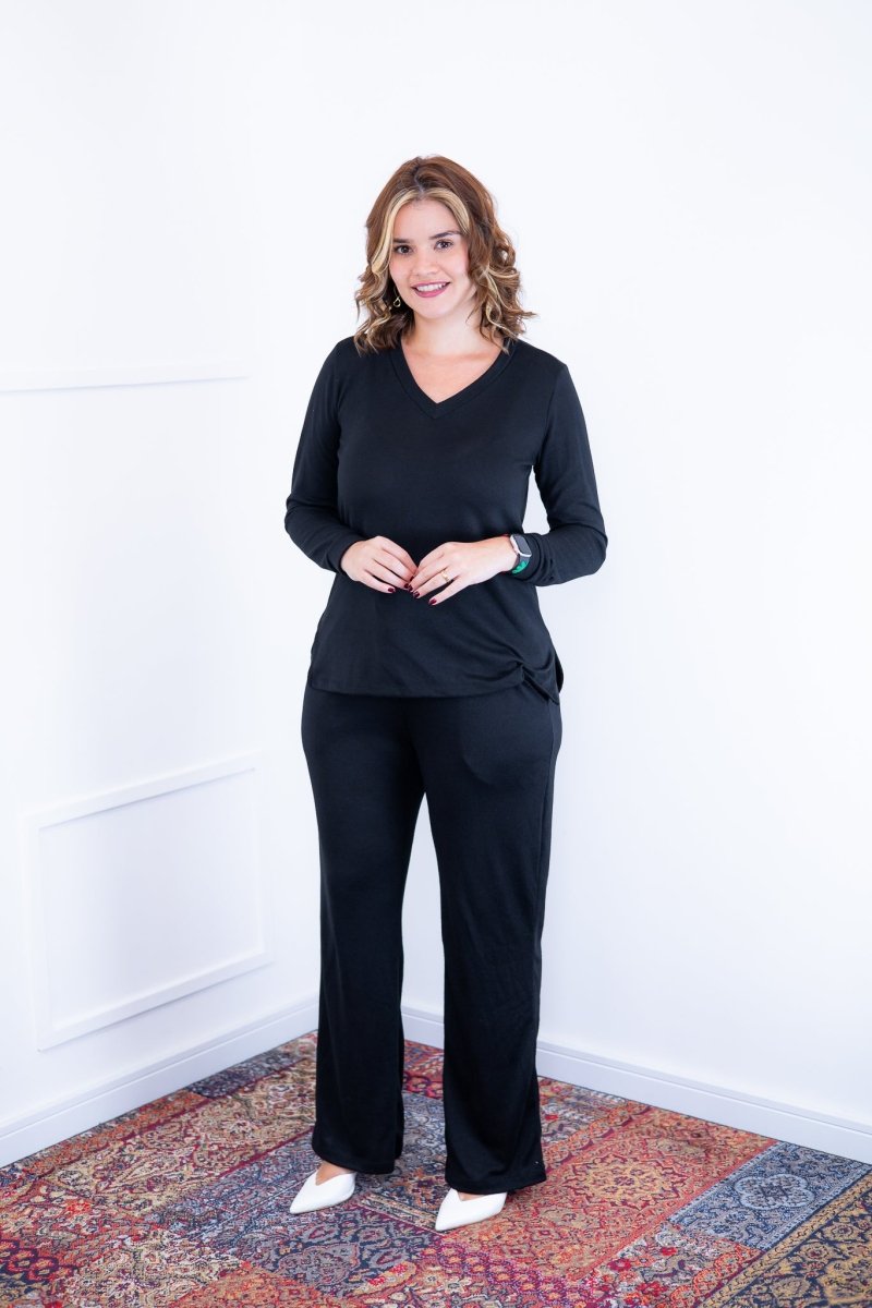 Conjunto Zurique - Lãzinha com Blusa Gola V e Calça Pantalona com Bolsos Faca - Naguirre Shop