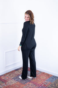 Conjunto Zurique - Lãzinha com Blusa Gola V e Calça Pantalona com Bolsos Faca - Naguirre Shop