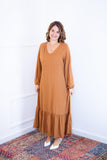 Vestido Longuete com Babado Gola V em Viscolinho Rafaela