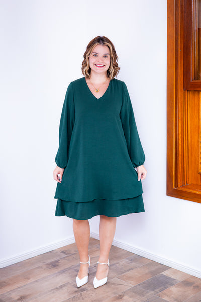 Vestido Priscila - Midi de Duas Camadas com Manga Longa em Crepe