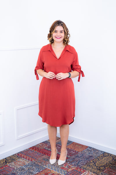 Vestido Bruna - Chemise Midi Gola V em Viscolinho