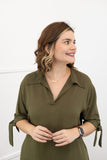 Vestido Bruna - Chemise Midi Gola V em Viscolinho