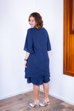 Vestido Midi de Duas Camadas Decote V com Manga Morcego em Crepe Lívia