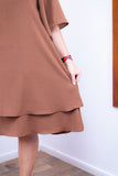 Vestido Midi de Duas Camadas Decote V com Manga Morcego em Crepe Lívia