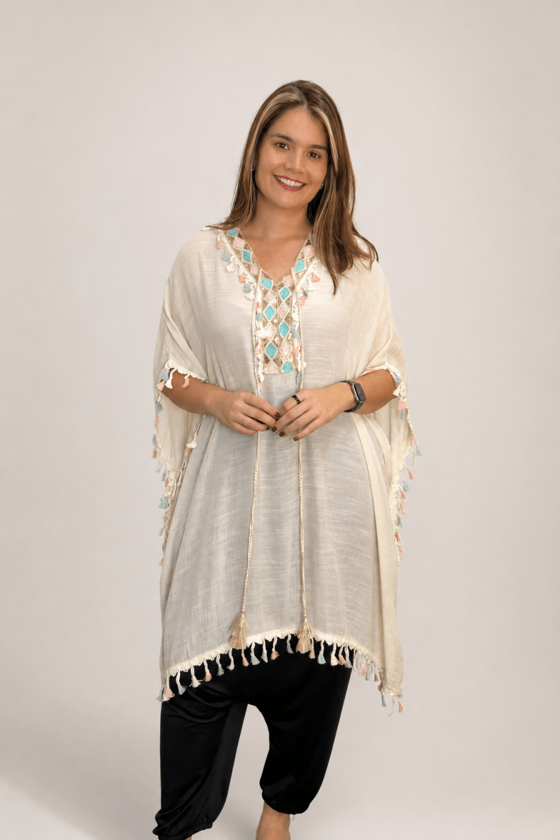 Túnica Longa Boho em Viscose 100% Natural com Bordados Oásis - Naguirre Shop