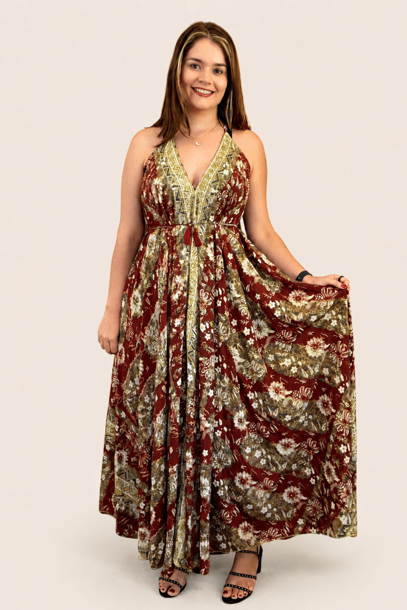 Vestido Amplo Longo Rani com Decote V ajustável e Saia Fluida - Naguirre Shop