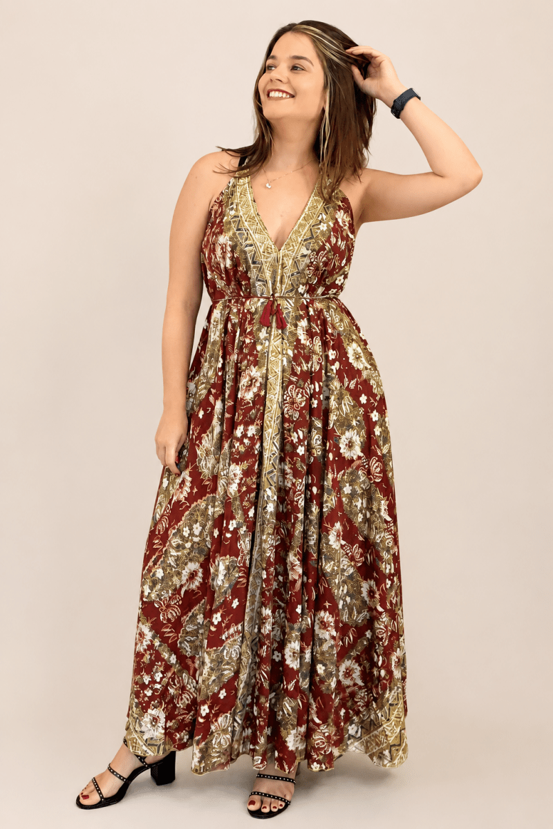 Vestido Amplo Longo Rani com Decote V ajustável e Saia Fluida - Naguirre Shop