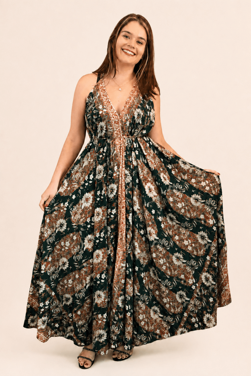 Vestido Amplo Longo Rani com Decote V ajustável e Saia Fluida - Naguirre Shop