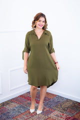Vestido Bruna - Chemise Midi Gola V em Viscolinho - Naguirre Shop