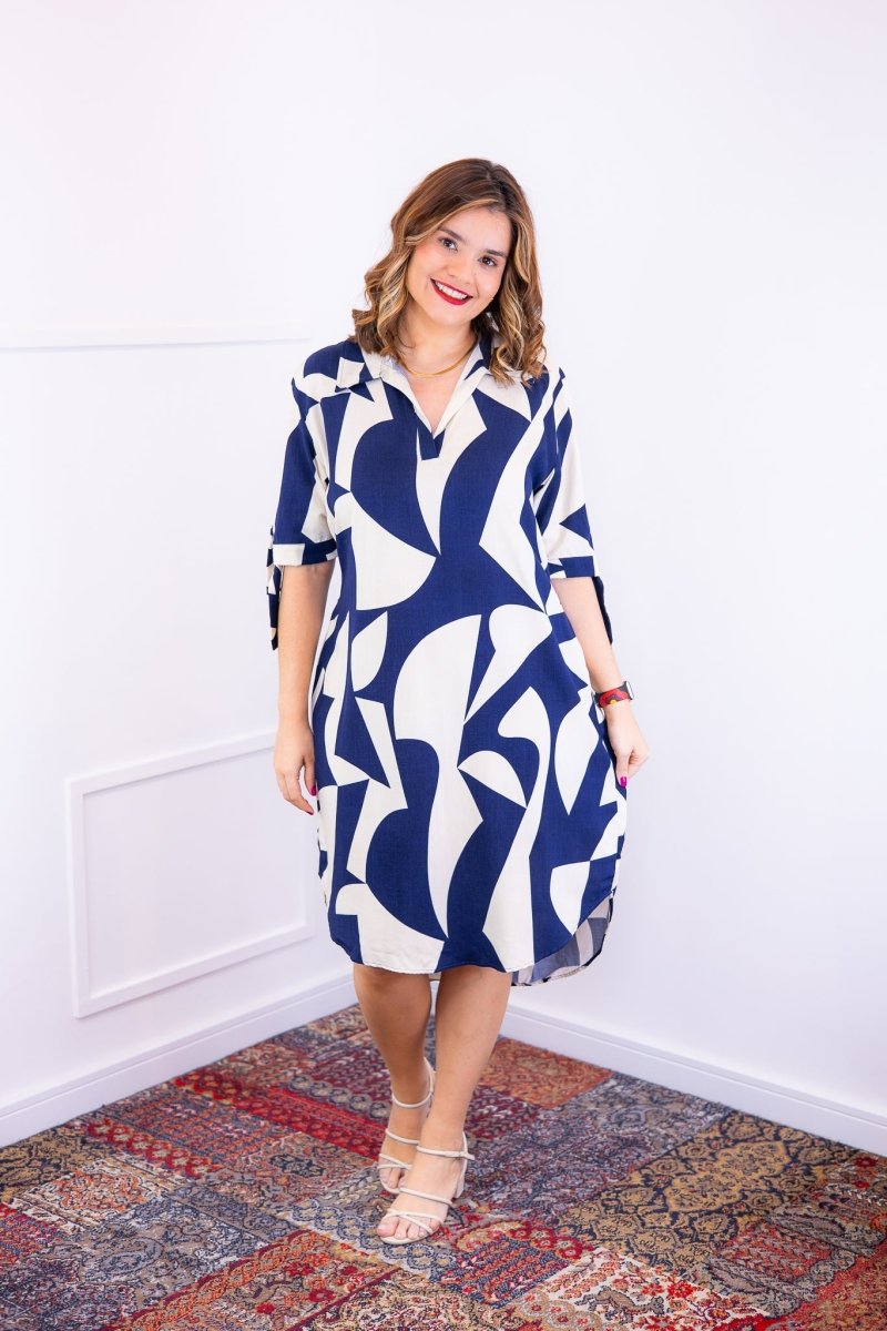 Vestido Bruna - Chemise Midi Gola V em Viscolinho - Naguirre Shop