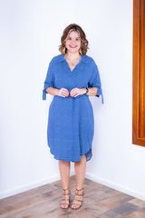 Vestido Bruna - Chemise Midi Gola V em Viscolinho - Naguirre Shop
