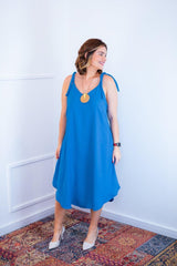 Vestido Dandara - Midi de Alça Decote V em Linho Light - Naguirre Shop