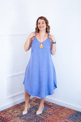 Vestido Dandara - Midi de Alça Decote V em Linho Light - Naguirre Shop