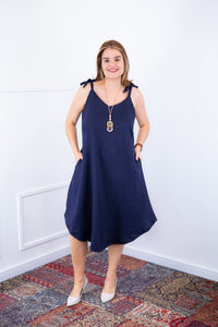 Vestido Dandara - Midi de Alça Decote V em Linho Light - Naguirre Shop