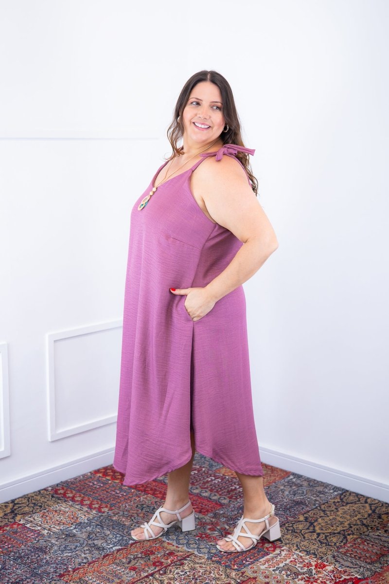 Vestido Dandara - Midi de Alça Decote V em Linho Light - Naguirre Shop