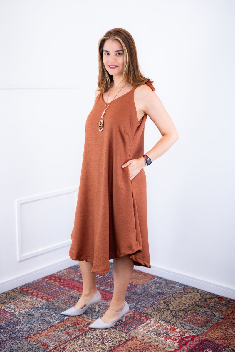 Vestido Dandara - Midi de Alça Decote V em Linho Light - Naguirre Shop