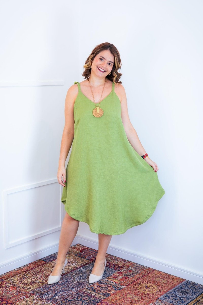 Vestido Dandara - Midi de Alça Decote V em Linho Light - Naguirre Shop