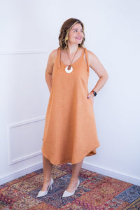 Vestido Dandara - Midi de Alça Decote V em Linho Light - Naguirre Shop