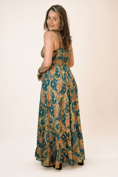 Vestido Decote V com Lastex nas Costas Longo Toque Seda Light Estilo Boho Laila - Naguirre Shop