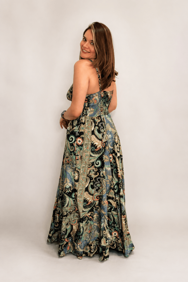 Vestido Decote V com Lastex nas Costas Longo Toque Seda Light Estilo Boho Laila - Naguirre Shop
