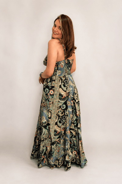 Vestido Decote V com Lastex nas Costas Longo Toque Seda Light Estilo Boho Laila - Naguirre Shop