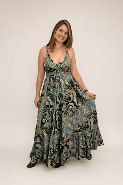 Vestido Decote V com Lastex nas Costas Longo Toque Seda Light Estilo Boho Laila - Naguirre Shop