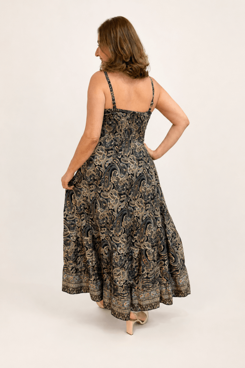 Vestido Decote V com Lastex nas Costas Longo Toque Seda Light Estilo Boho Laila - Naguirre Shop