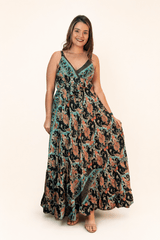Vestido Decote V com Lastex nas Costas Longo Toque Seda Light Estilo Boho Laila - Naguirre Shop
