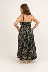 Vestido Decote V com Lastex nas Costas Longo Toque Seda Light Estilo Boho Laila - Naguirre Shop