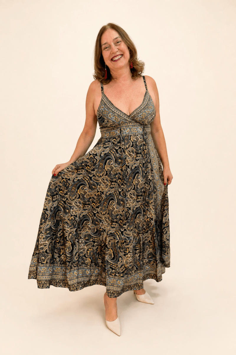 Vestido Decote V com Lastex nas Costas Longo Toque Seda Light Estilo Boho Laila - Naguirre Shop