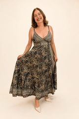 Vestido Decote V com Lastex nas Costas Longo Toque Seda Light Estilo Boho Laila - Naguirre Shop