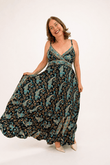 Vestido Decote V com Lastex nas Costas Longo Toque Seda Light Estilo Boho Laila - Naguirre Shop