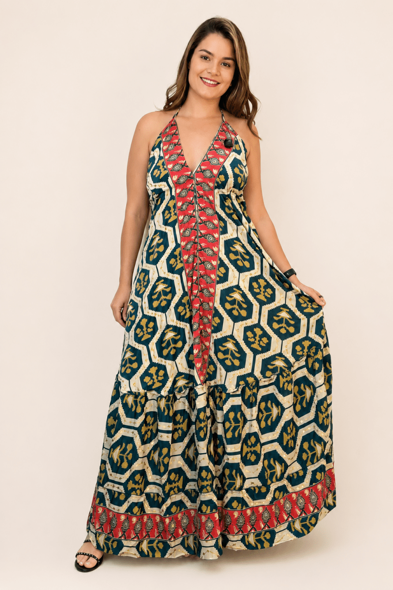 Vestido Estilo Boho Chic Toque Seda Light Evasê com Decote nas Costas Amira - Naguirre Shop