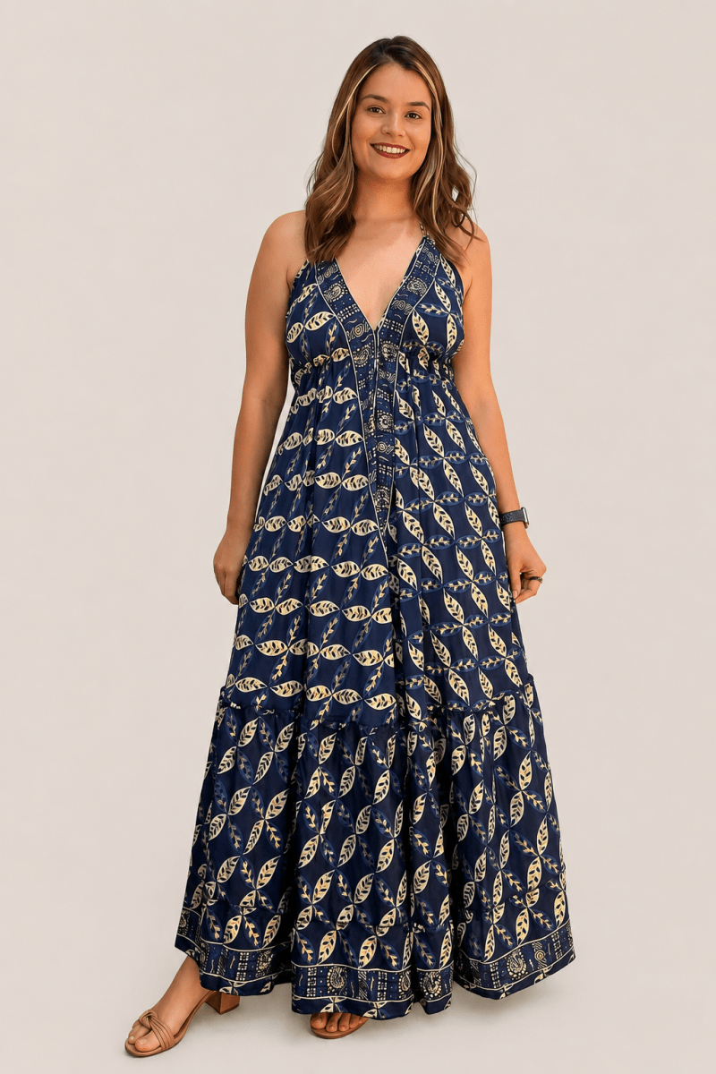 Vestido Estilo Boho Chic Toque Seda Light Evasê com Decote nas Costas Amira - Naguirre Shop