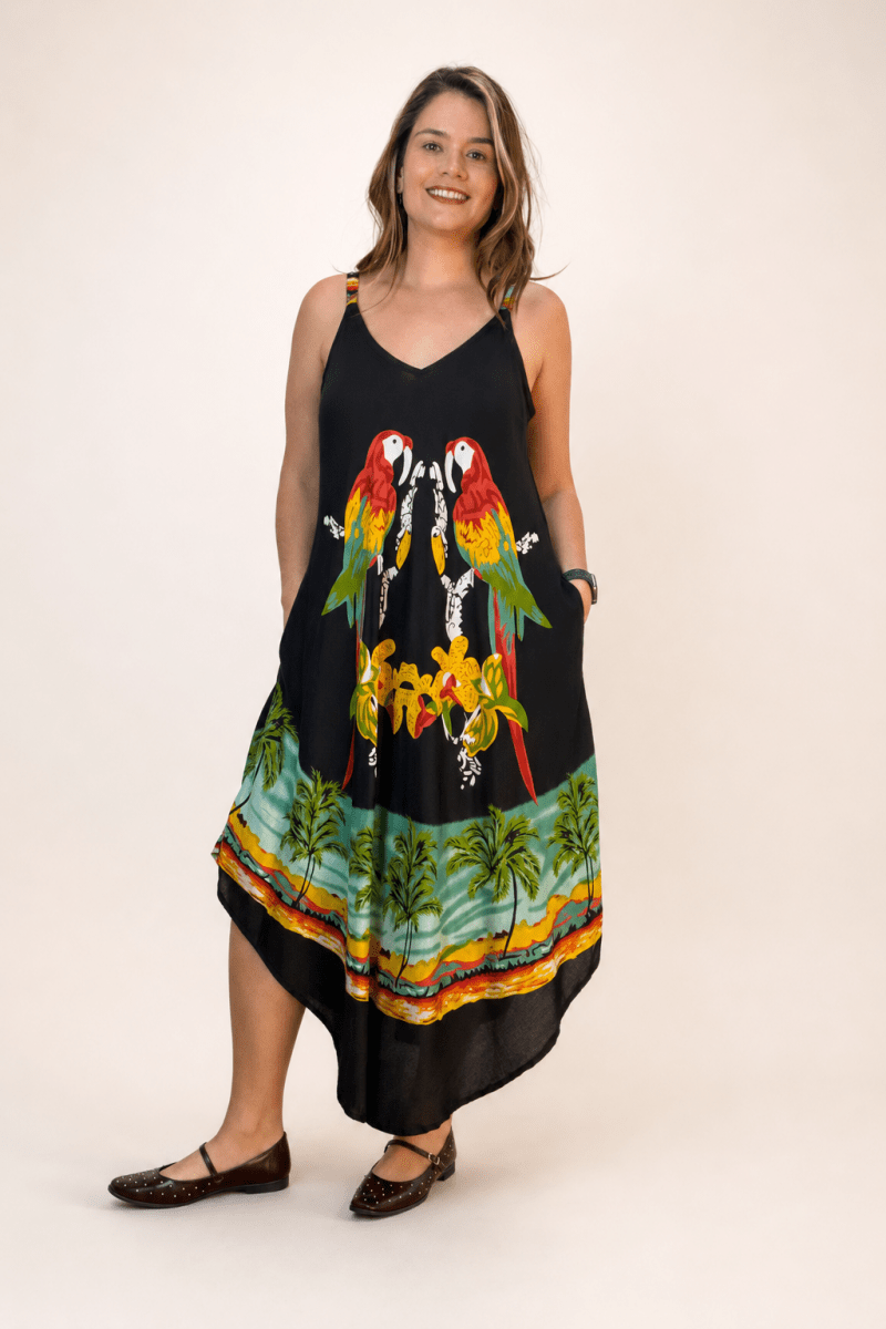 Vestido Fluido em Viscose Natural Evasê com Alças Marrocos Estampados - Naguirre Shop