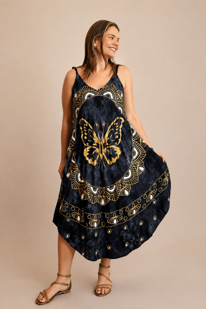 Vestido Fluido em Viscose Natural Evasê com Alças Marrocos Estampados - Naguirre Shop