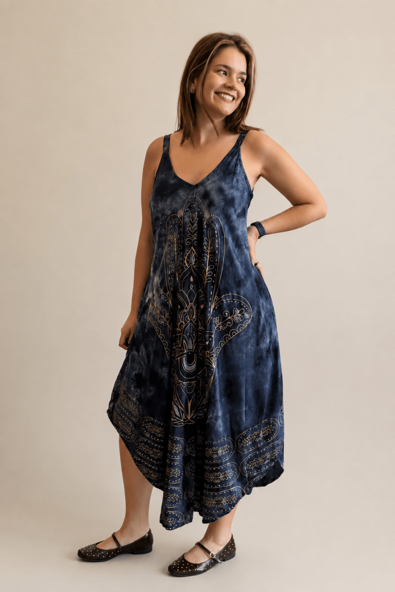 Vestido Fluido em Viscose Natural Evasê com Alças Marrocos Estampados - Naguirre Shop