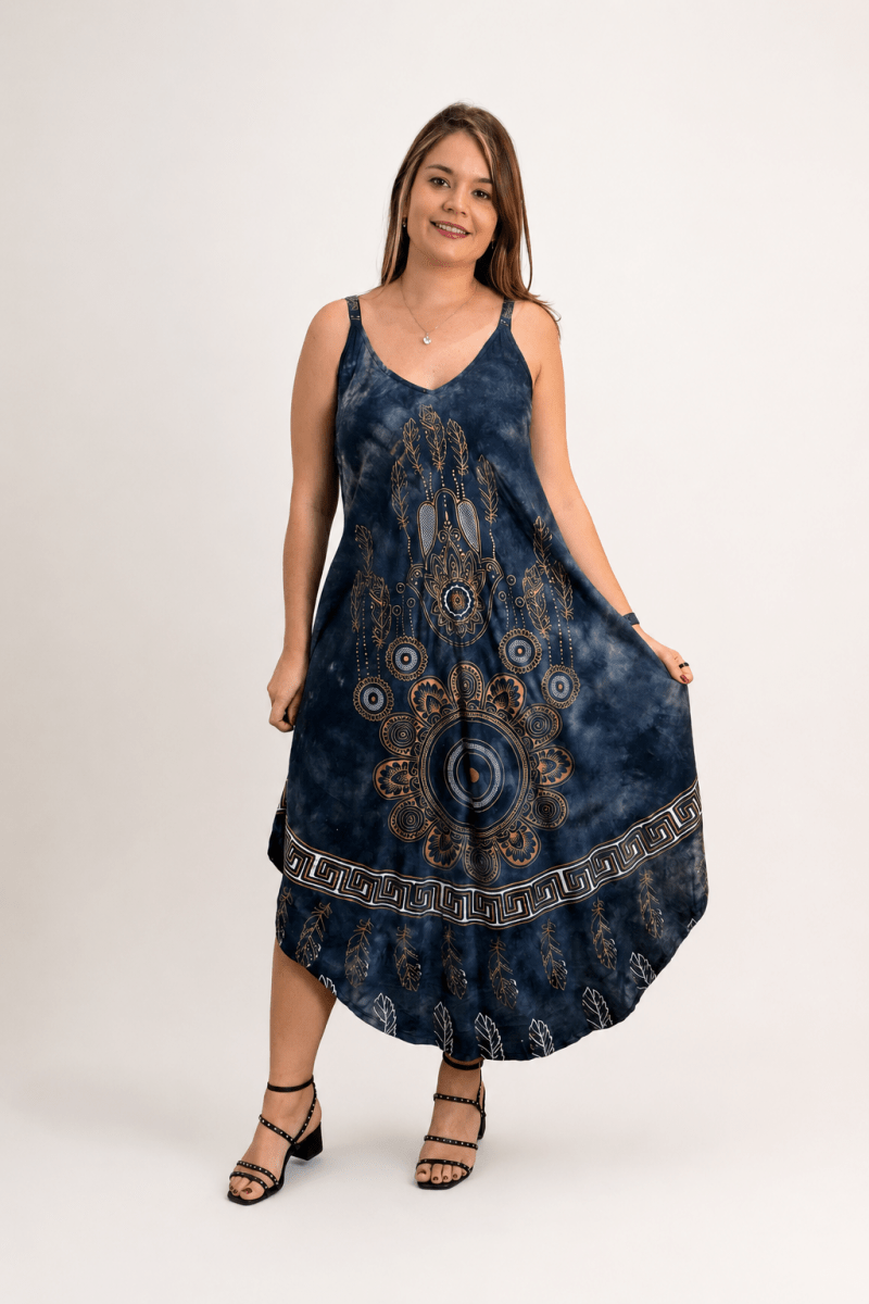 Vestido Fluido em Viscose Natural Evasê com Alças Marrocos Estampados - Naguirre Shop