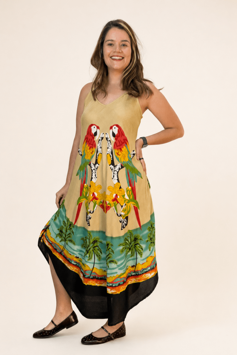 Vestido Fluido em Viscose Natural Evasê com Alças Marrocos Estampados - Naguirre Shop