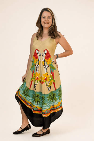 Vestido Fluido em Viscose Natural Evasê com Alças Marrocos Estampados - Naguirre Shop