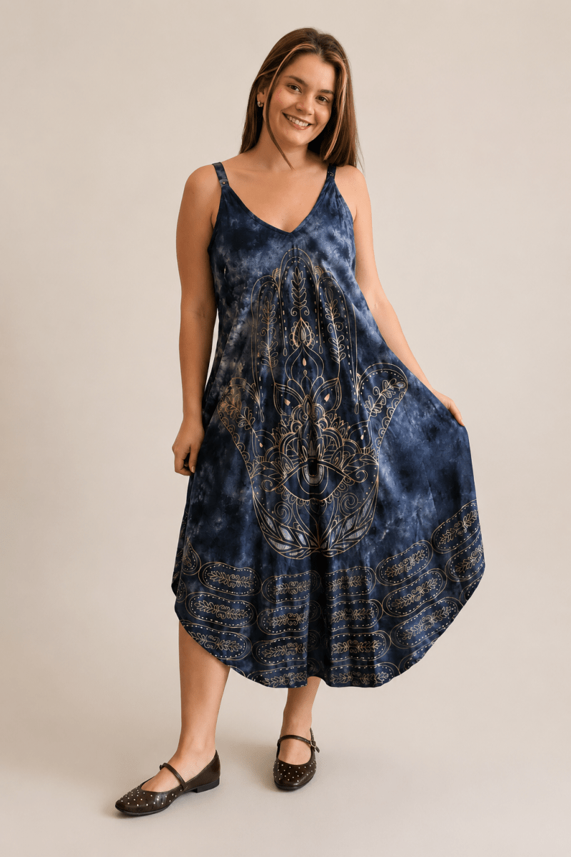 Vestido Fluido em Viscose Natural Evasê com Alças Marrocos Estampados - Naguirre Shop