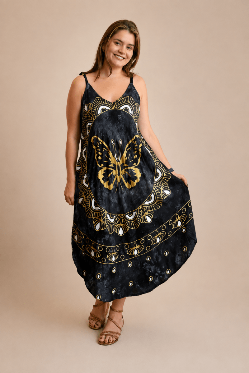 Vestido Fluido em Viscose Natural Evasê com Alças Marrocos Estampados - Naguirre Shop