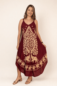 Vestido Fluido em Viscose Natural Evasê com Alças Marrocos Estampados na cor Árvore da Vida Bordô, foto 2 de 2